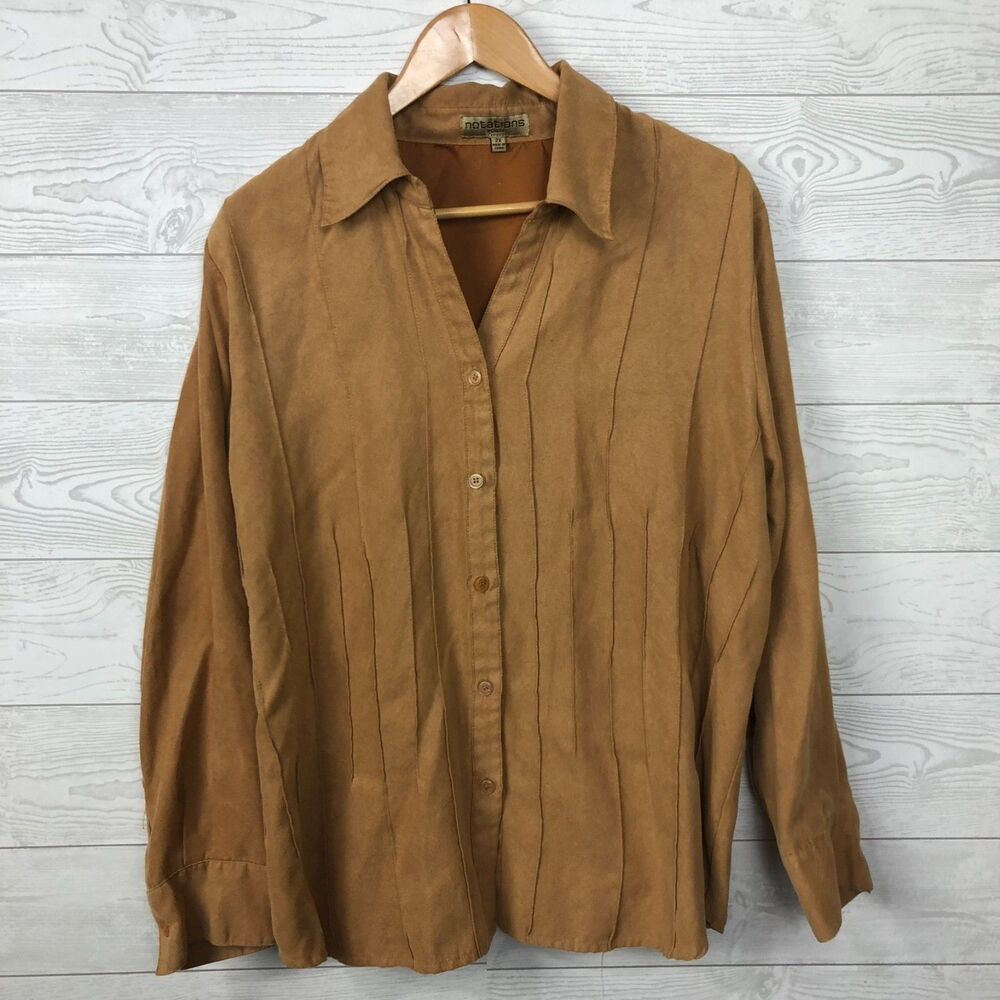 Notations Women's 2X Faux Suede Long Sleeve Button Front Shirt Collared Tan